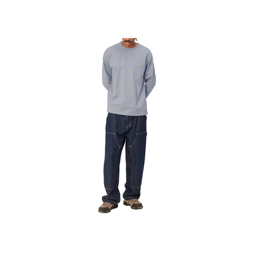 Carhartt WIP Long Sleeve Chase T-Shirt Embroidered Logo Loose Fit Men Tops Fog-Gray I026392-1R2-XX