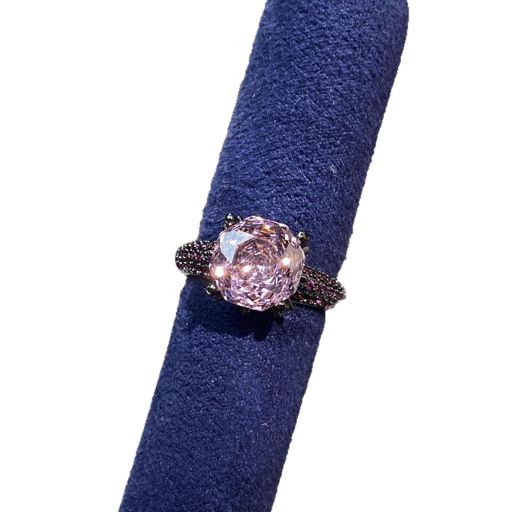 Octagonal Millennium Rose Cut Aquamarine & Purple Diamond Black Gold Ring