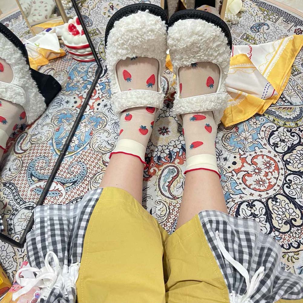 Cute College Style Japanese Lace Strawberry Lolita Socks Tube Socks Cartoon Women Hosiery
