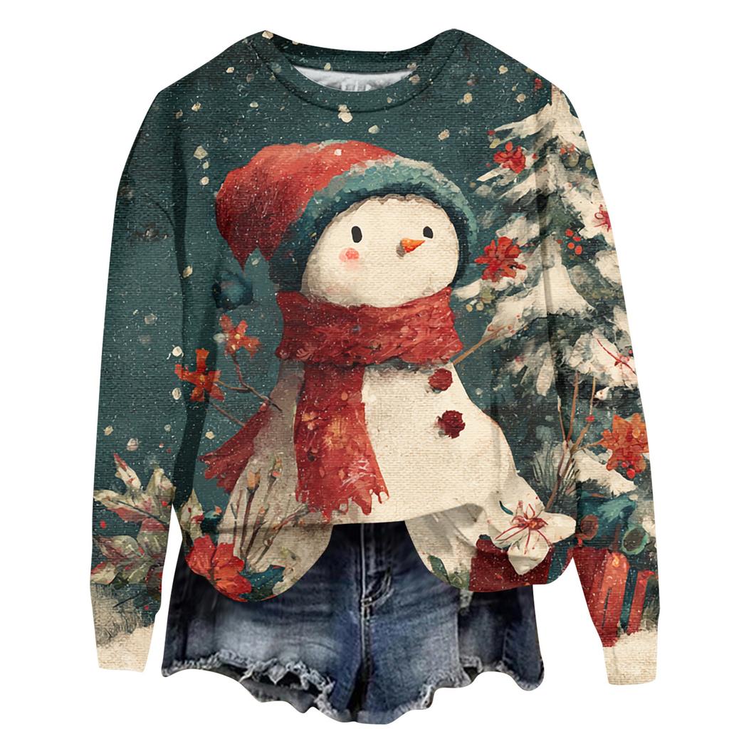 Ladies' Christmas Printed Long Sleeved Round Neck Hoodie Loose Top