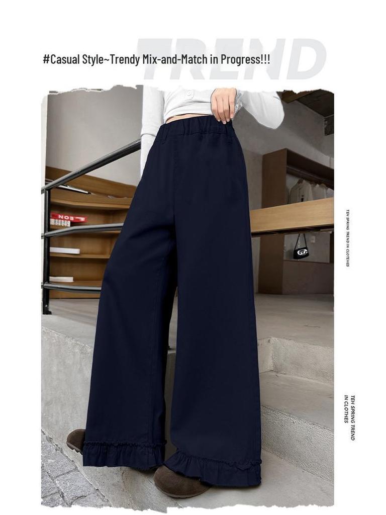 Girls' Fashionable Lace Wide-Leg Pants for Spring and Fall - Casual Straight-Leg Style for Middle and Big Girls