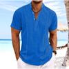 Hallow Stripe Cotton Shirts Mens Vacation Solid Buttons Stand Collar Short Sleeve Shirt Casual Men White Blue Men Clothes