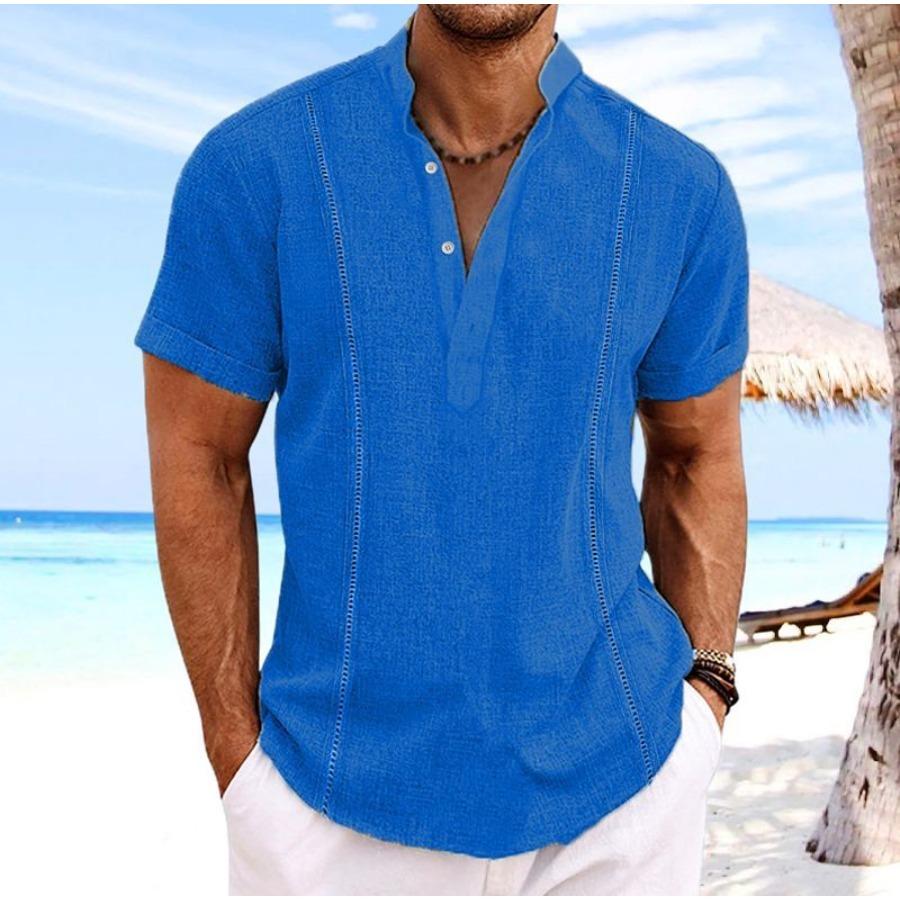 Hallow Stripe Cotton Shirts Mens Vacation Solid Buttons Stand Collar Short Sleeve Shirt Casual Men White Blue Men Clothes