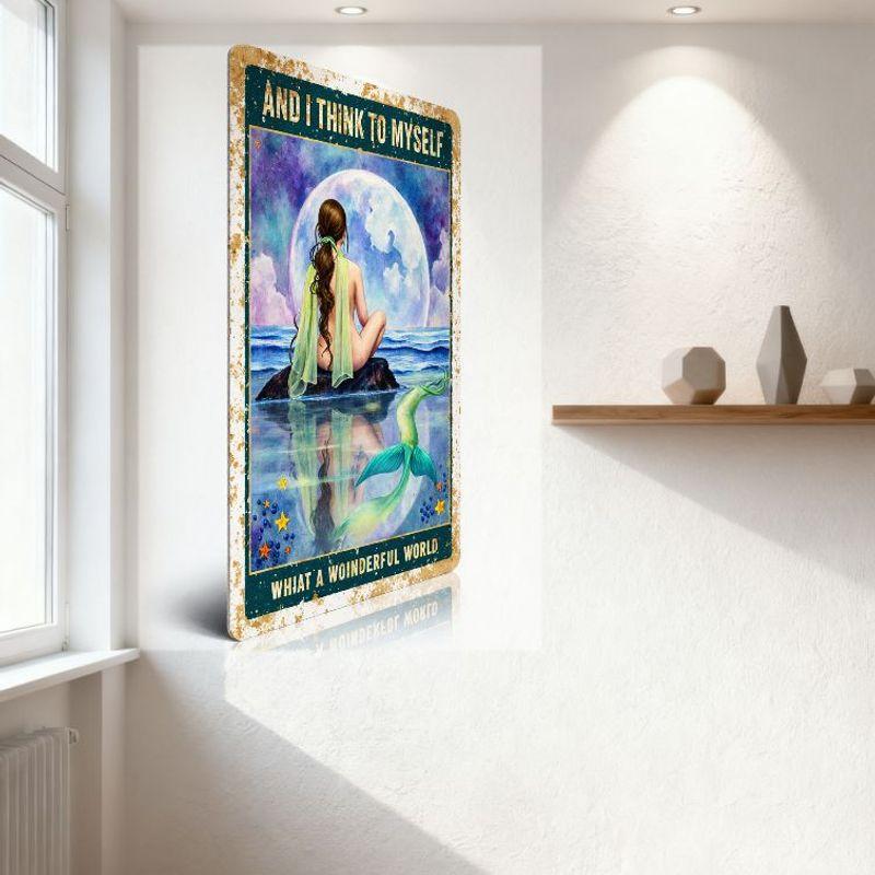 Vintage Mermaid Metal Tin Sign What A Wonderful World Teal Background Wall Decor for Home Bar Restaurant Office Decoration