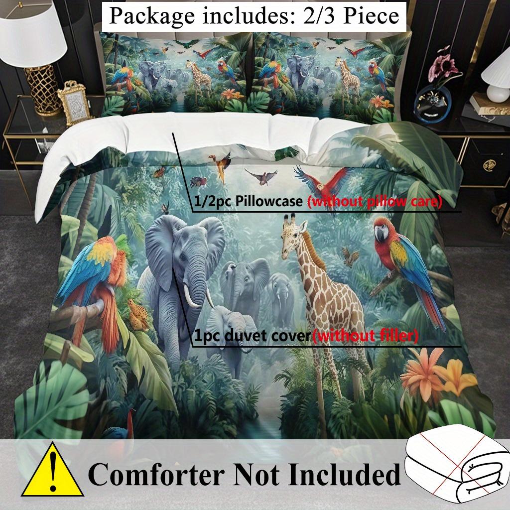 Jungle Dier Papegaai Olifant Giraffe Patroon Donzen Dekbedovertrek Set - Modieus Klassiek Populair Digitaal Gedrukt Beddengoed Set