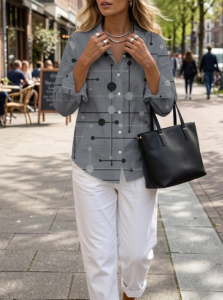 Plus size women's long-sleeved shirt geometric style loose printed shirt dotted element style mid-length women's long-sleeved lapel shirt