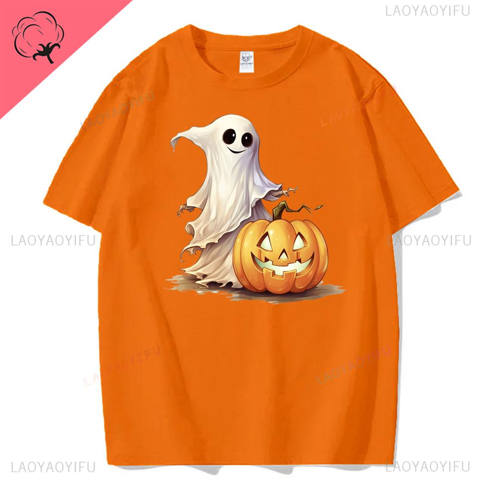 Women Ghost Pumpkin Bat Print Round Neck Pullovers Funny Halloween Costume Cotton Shirt Graphic T Shirts Y2k Top Harajuku Tops