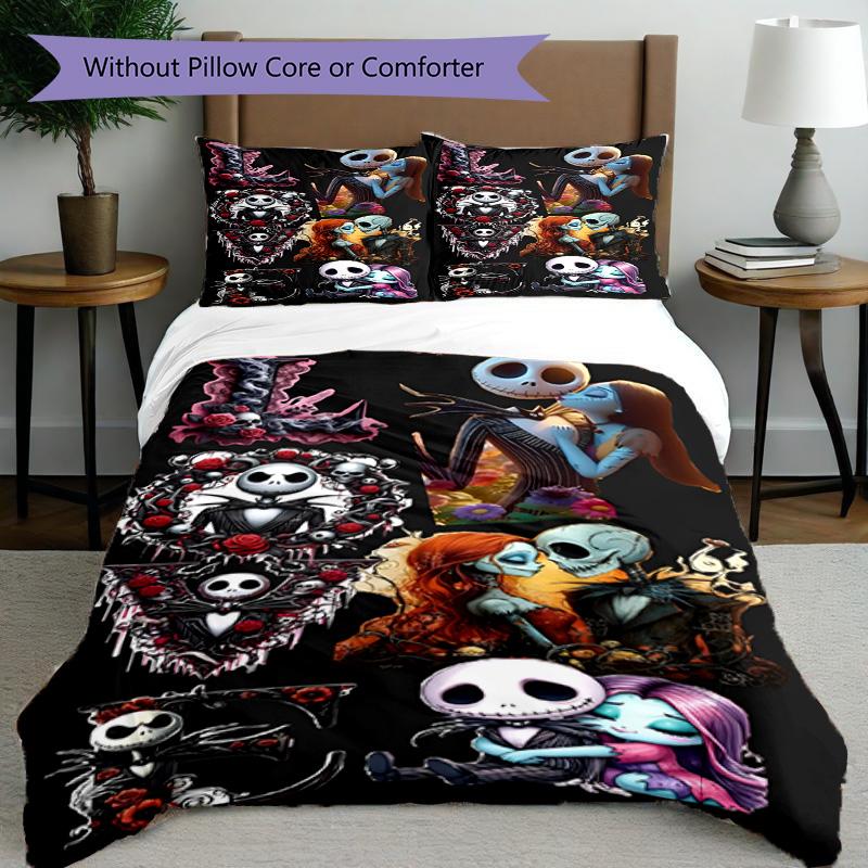 3pcs Duvet Cover Set (1*Duvet Cover + 2*Pillowcase, Without Core), The Nightmare Before Christmas Print Bedding Set, Bedroom Decor, All‑Season, Birthd