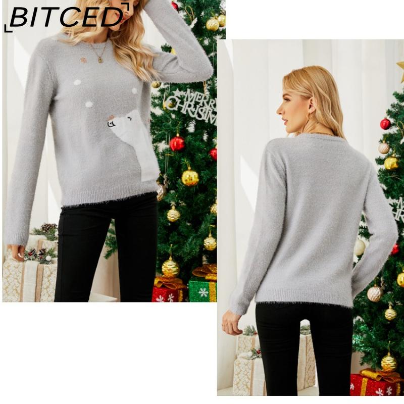 BITCED Top Tricotado Natal Desenho Animado Jacquard Tricô Suéter Urso Bordado Jumper de Natal