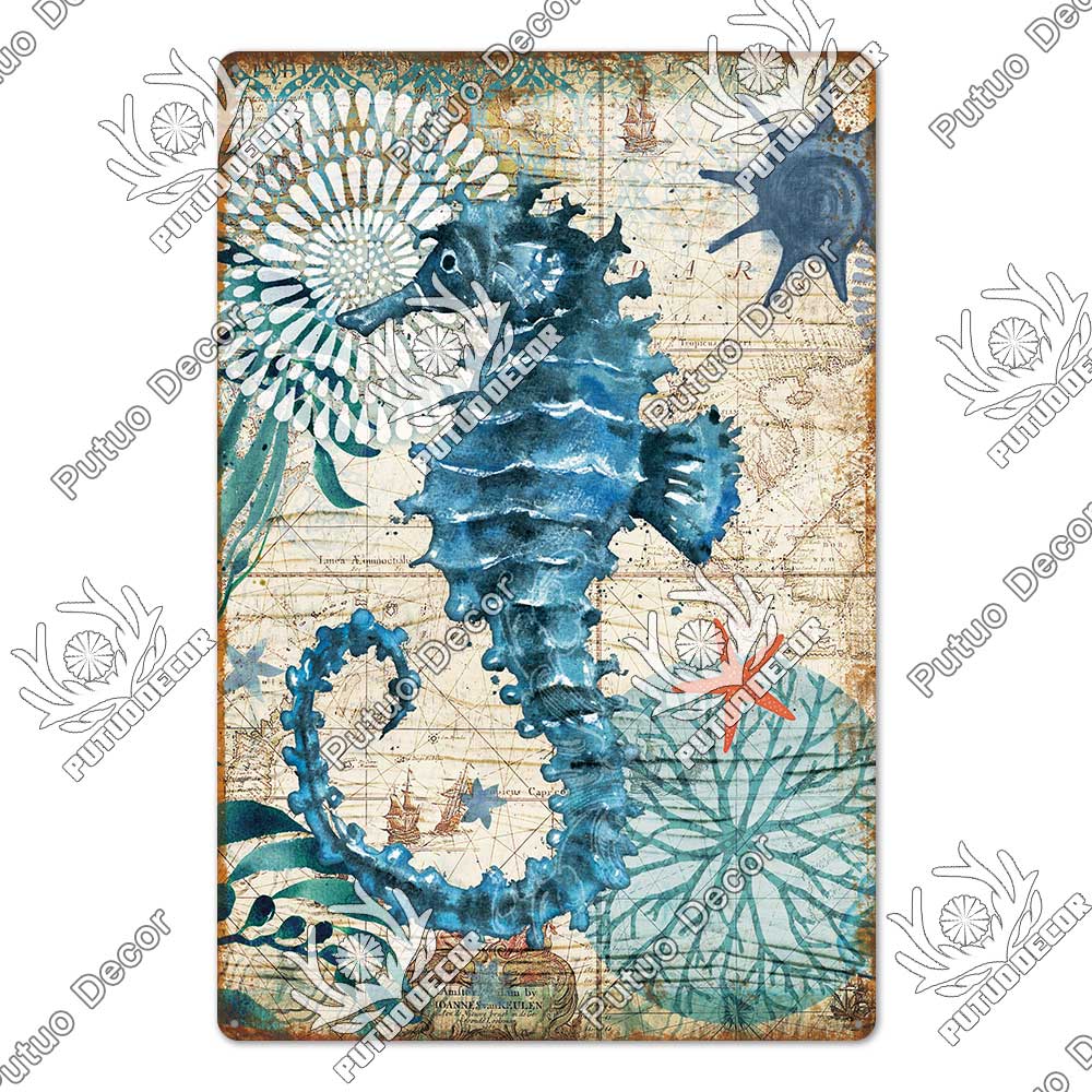 Decor Marine Animals Tin Sign Vintage Plaque Metal Wall Retro Posters for Beach Bar House Decorative Art Iron Painting