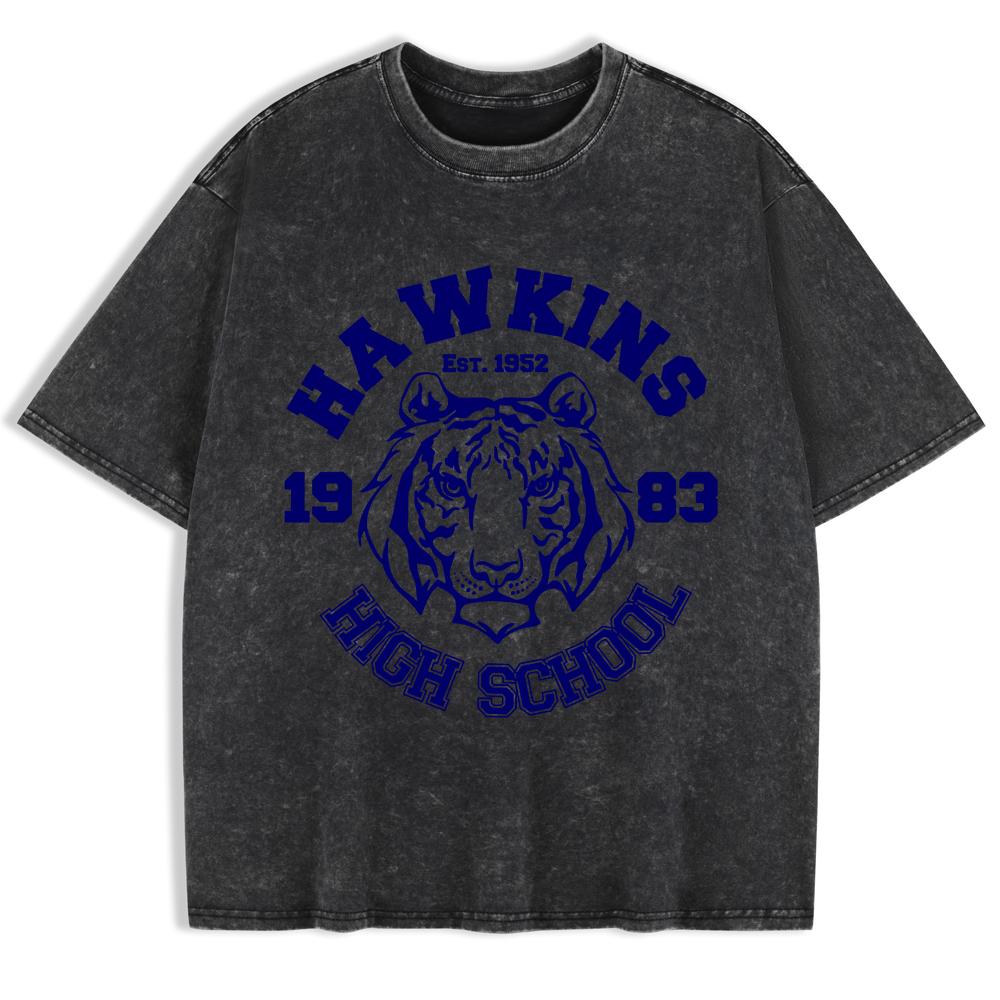 Hawkins High School Prints Washed T-Shirts Mens Cotton Short Sleeve Tops Summer O-Neck Oversize T Shirt Basic Clothes