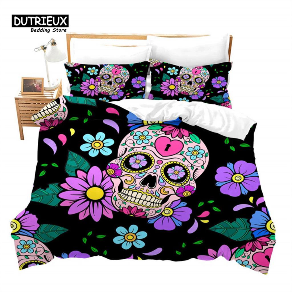 Dunkler Totenkopf Bettbezug Mikrofaser Gothic Skelett Bettwäsche Set Horror Thema Bettdeckenbezug Queen Für Teenager Erwachsene Schlafzimmer Deko
