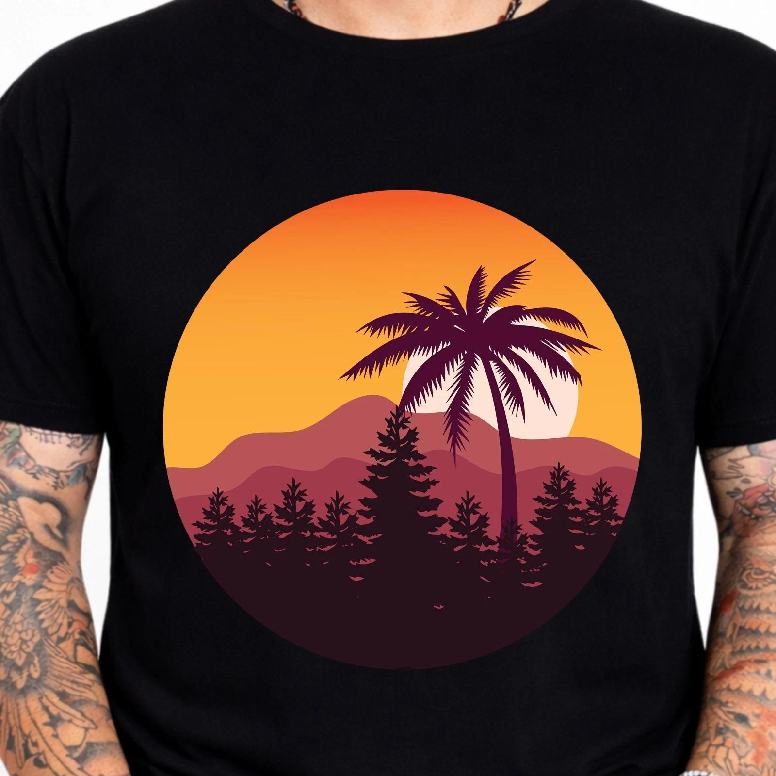 Sunset Palm Tree Graphic T-Shirt Tropical Beach Tee Retro Summer Vacation Gift XXXXL