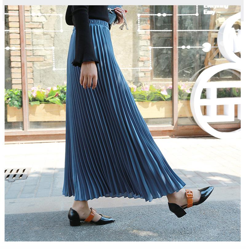 Women Summer Solid Long Dress Elastic Waist Pleated Boho Beach Maxi Skirt