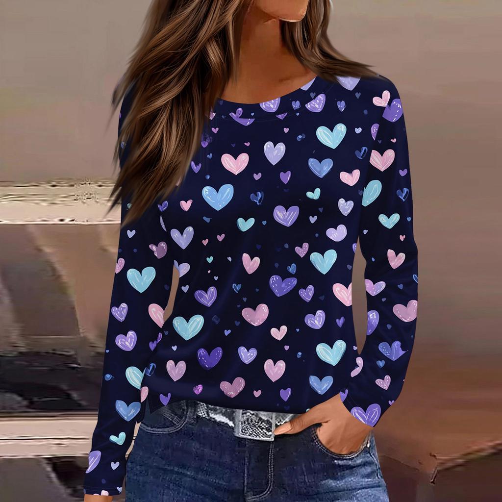 Women's Fashionable Long-Sleeved Round Neck Top with Slit Hem and Valentine's Day Heart Print