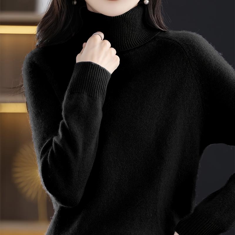 Solid Turtle Neck Sweater Elegant Long Raglan Sleeve Essential Sweater for Fall Winter Women's Clothing