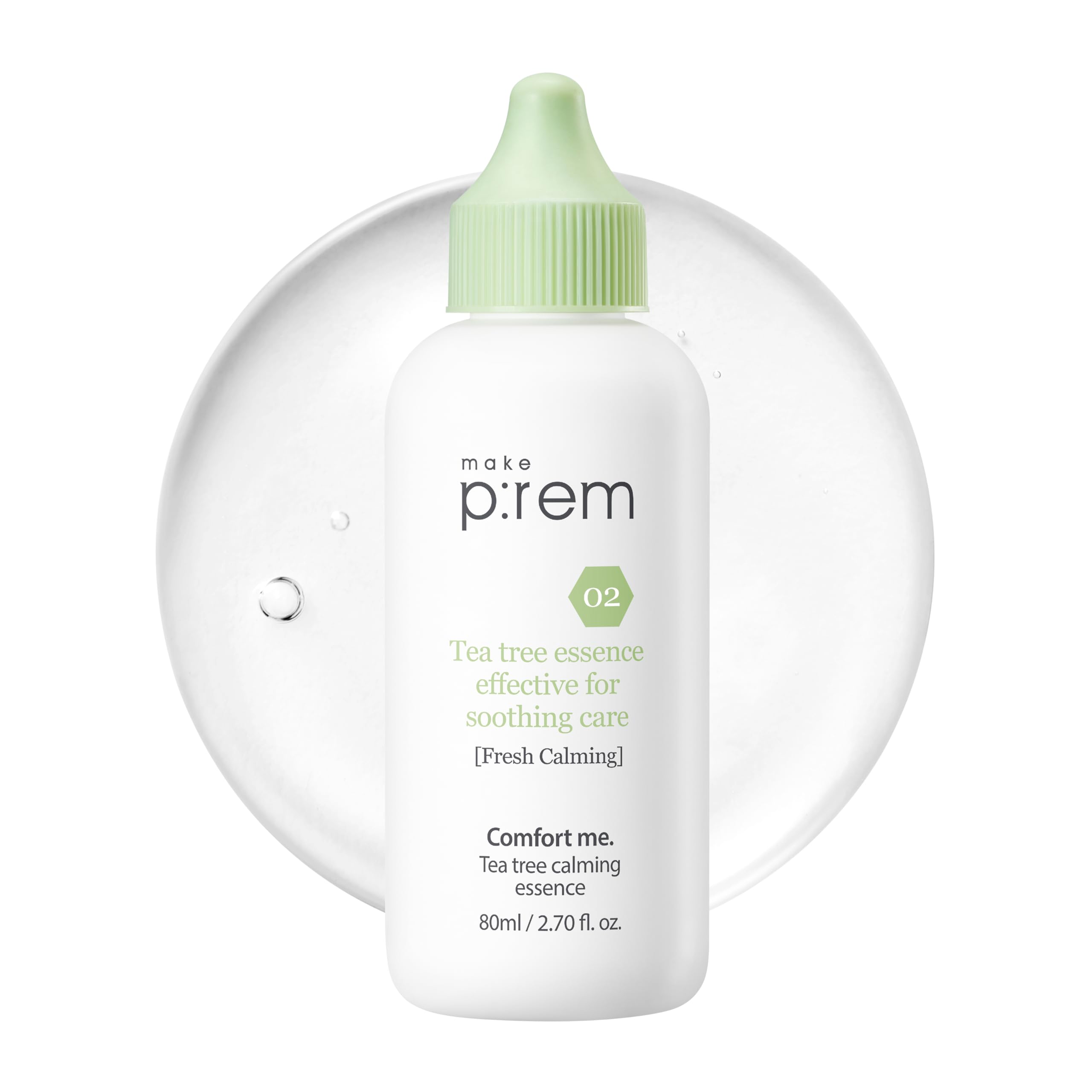 

Make Prem Tea Tree Calming Essence 80ml, Korean Tea Tree Leaf Extract (86%), Hypoallergenic, Highly Moisturizing, Large Capacity Serum
