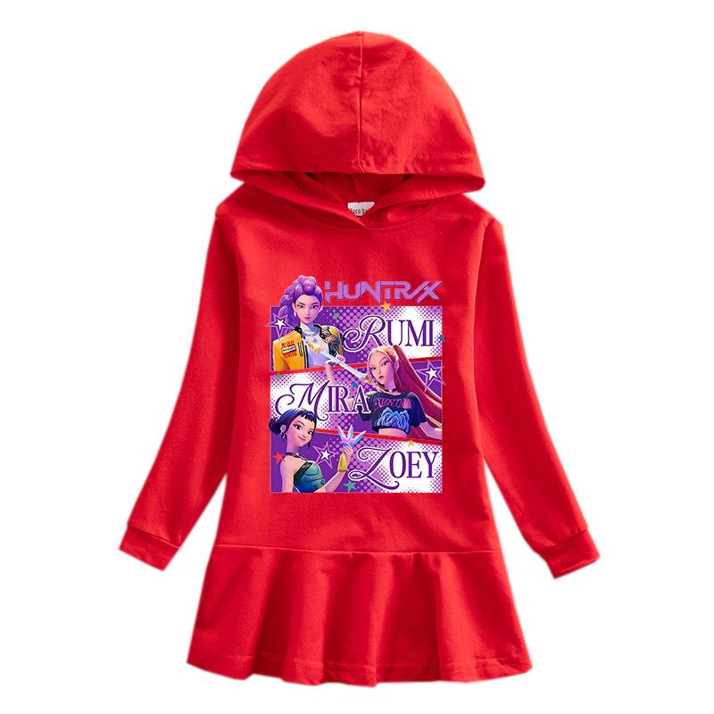 Kpop Demon Hunter Girls' Ruffle Rainbow Hooded Dress - Long Sleeve Princess Style