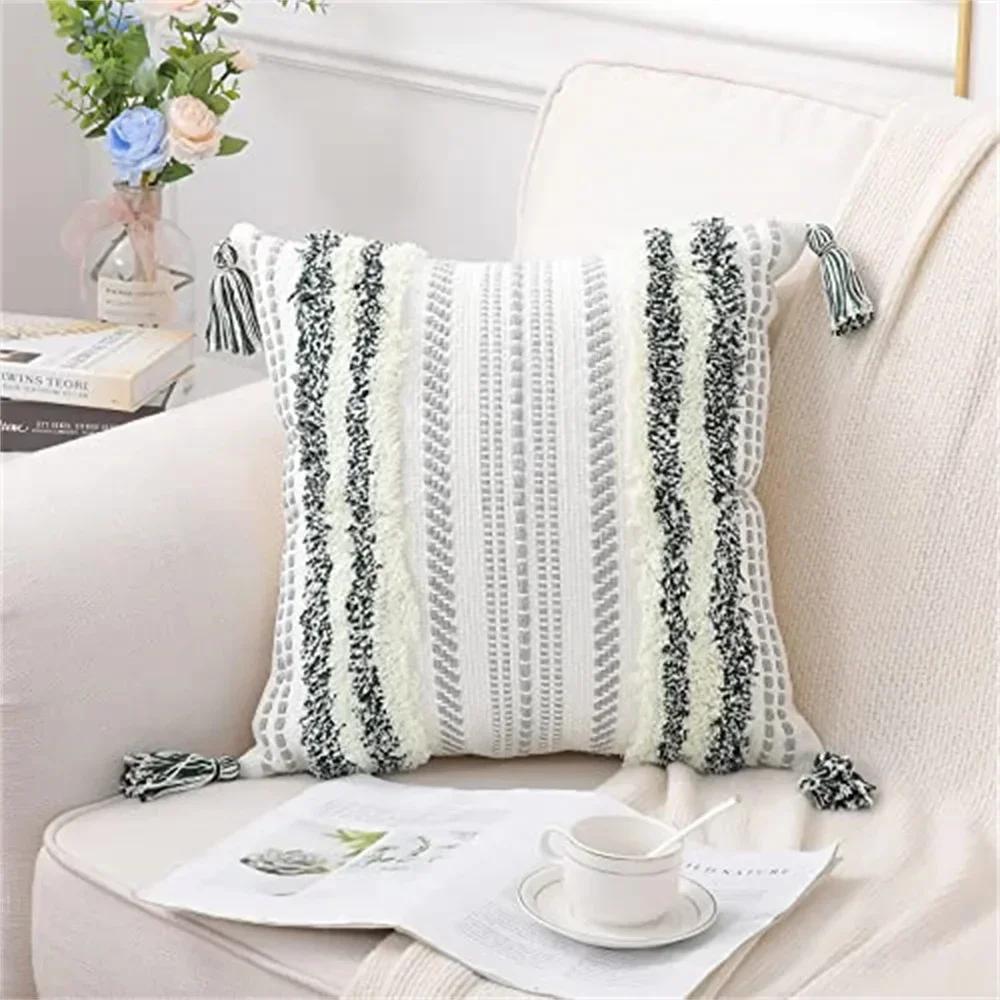 Homaxy Bohemia Pillow Case 50x50 For Sofa Pillow Cover Striped Tassel Decor Cushion Cover Furry Boho Pillowcase Aesthetic 45x45