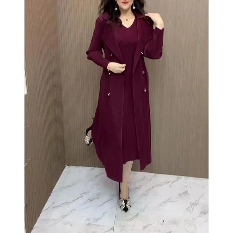Spring Autumn Two Pieces Elegant Fashion Dress Lady Long Sleeve Temperament Solid Color Vestido Women Vintage Casual Dress