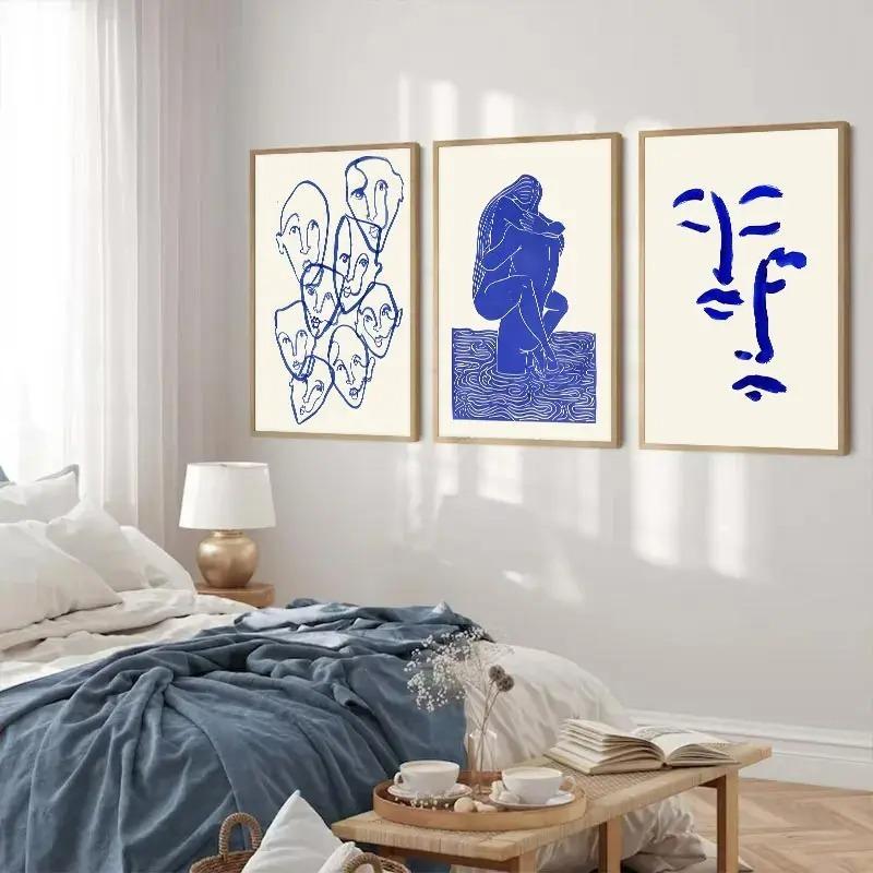 Abstrakt Blau Geometrische Gesichtslinien Leinwandmalerei Kurve Mädchen Vase Taube Wandkunst Poster Druck Bild Nordisch Schlafzimmer Heimdekor