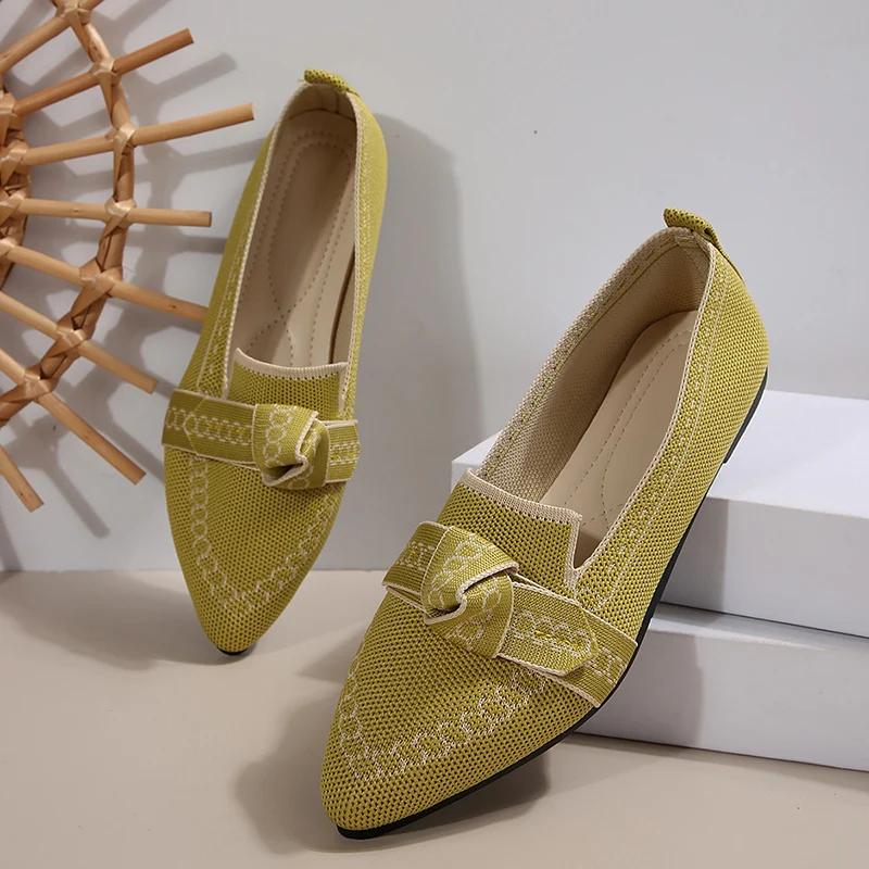 Fashion Rimocy Women Flats 2025 New Knitted Mesh Breathable Loafers Soft Comfort Pointed Toe Casual Shoes Trend Bow Decor Woman Shoes