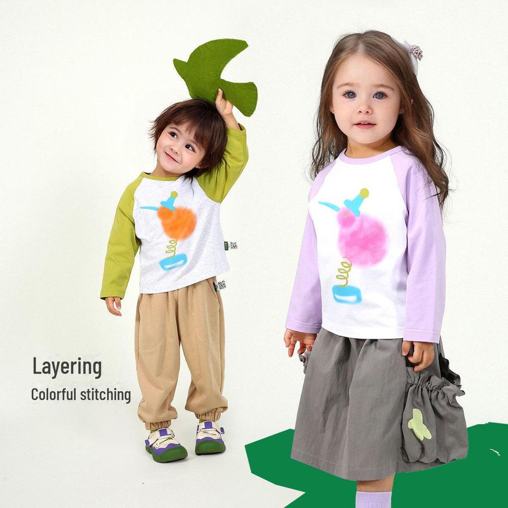 2025 Spring Kids' Round Neck Cute Long Sleeve Color Block T-Shirt