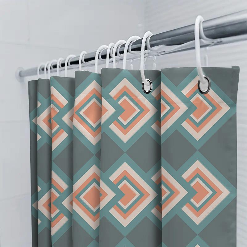 Green and Peach Diamond Pattern Shower Curtain Waterproof Fabric for Bathroom Decor – Modern Geometric Design with 12 Hooks Set