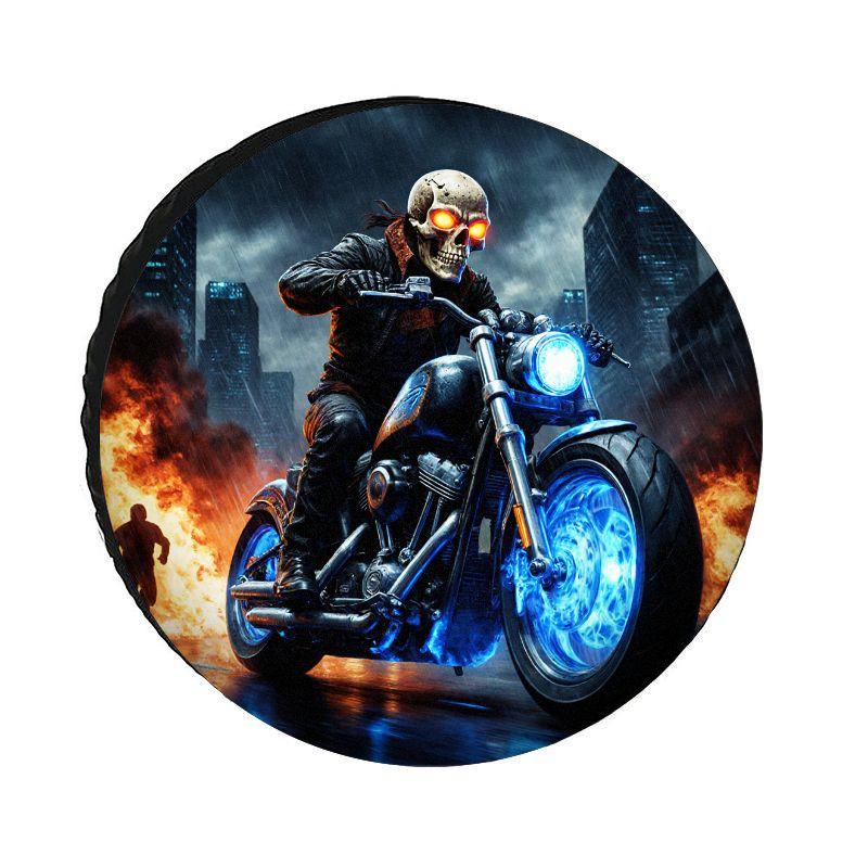 Blazing Red-Eyed Skull Knight Blue Light-Wheel Motorcycle Spare Tire Cover, Polyester Fiber Sun-Proof And Dust-Proof Universal T