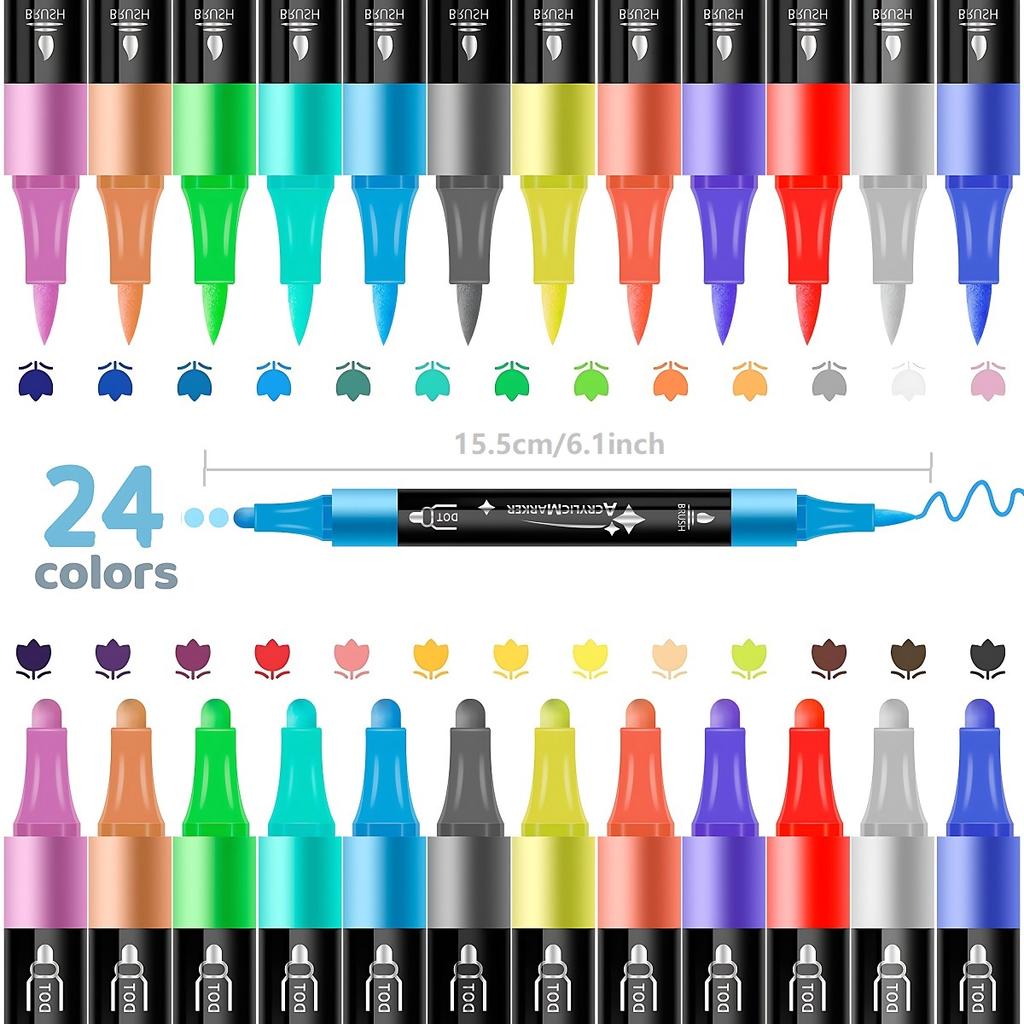 24 Colors Dual Tip Acrylic Paint Markers Set Brush & Dot Tips Waterproof No Bleed Paint Pens for Rock Canvas DIY Art Craft