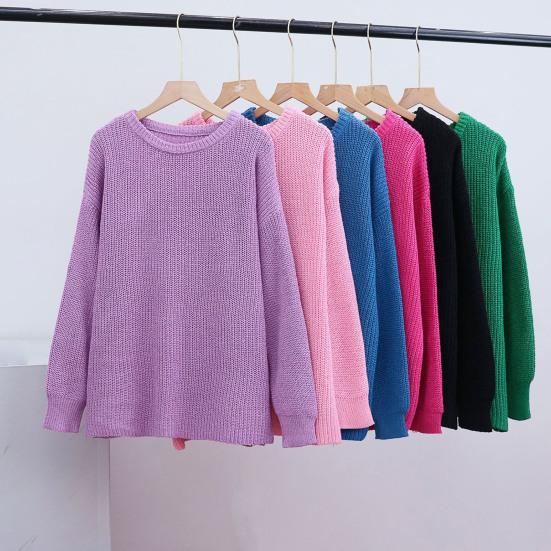Women Pullover Sweater Round Neck Long Sleeve Elastic Fabric Knitting Tops Solid Color Loose Fit Sweater Tops