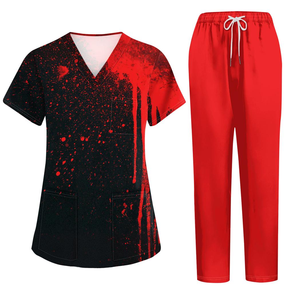 Women's Halloween Print Scrub Set - Short Sleeve Top and Pants with Pockets for Work