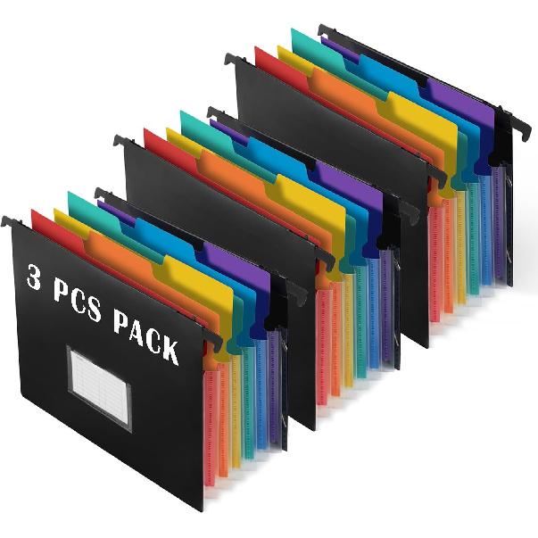 TRANBO 7-Pockets Hanging File Folder with Retractable Hooks for Filing Cabinet, Letter Size Expandable Accordion File Organizer with Elastic Band for
