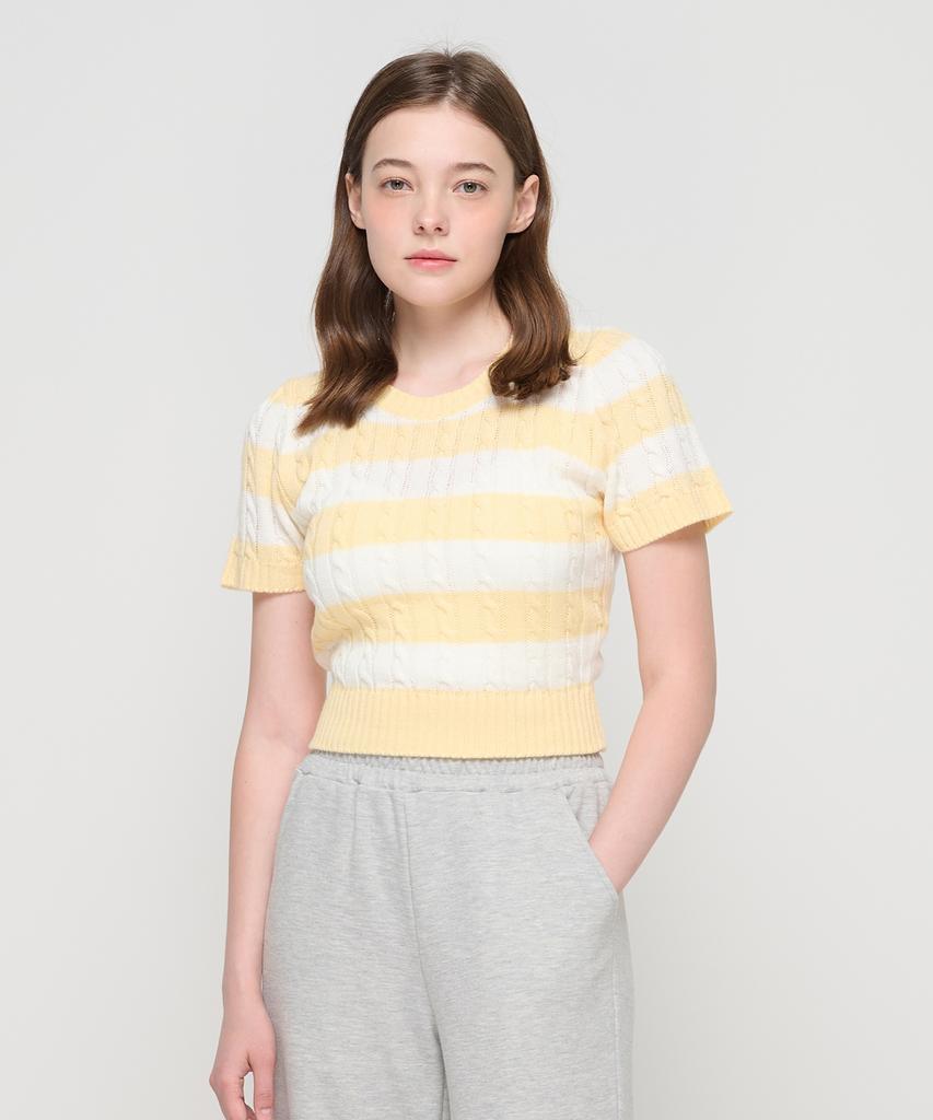 ROIDESROIS Striped Cable Knit Short Sleeve Slim Knit (Yellow)