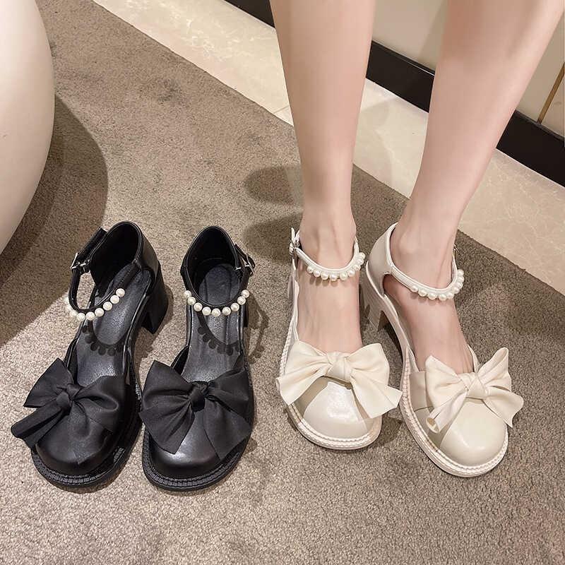 Mary Jane High Heels Women's Summer New Pearl Bow Thick Heel Non-slip Versatile Small Leather Shoes Bridesmaid Shoes