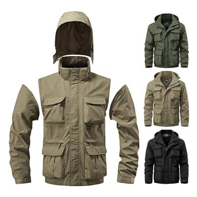 Men Jacket Lapel Removal Hooded Long Sleeve Jacket Coat with Multi Pockets Design