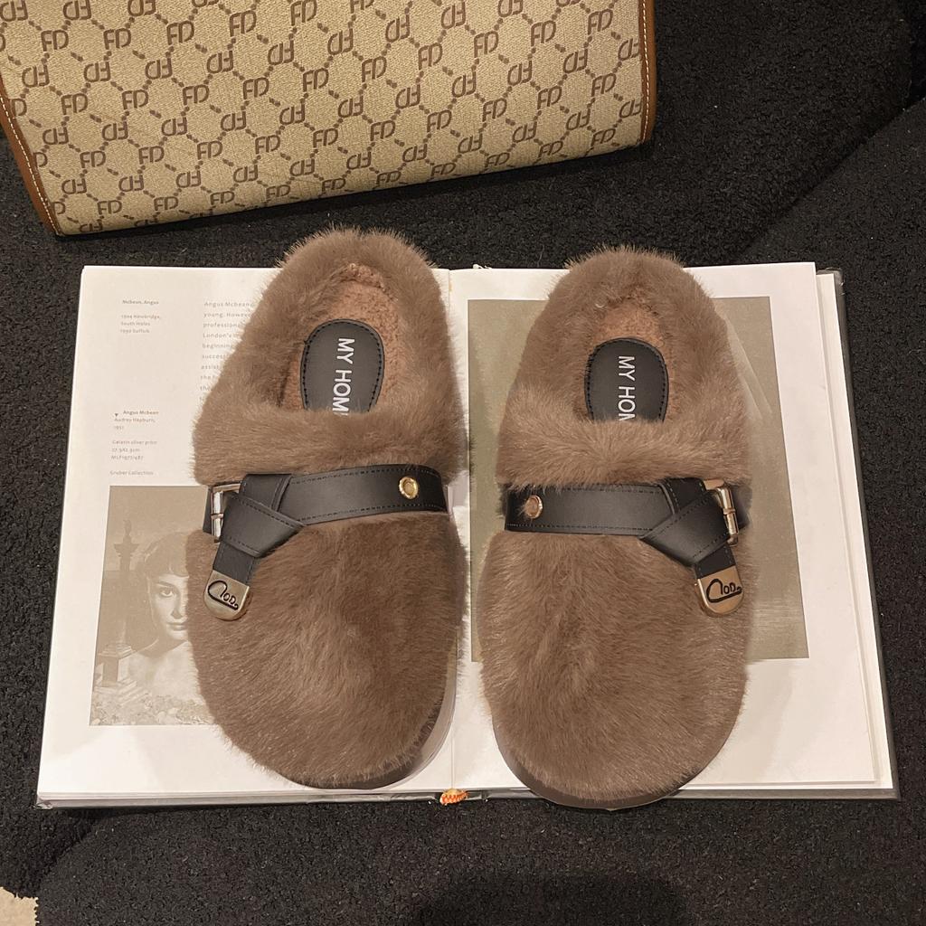 Cotton slippers women's thick-bottomed bag head and anti-skid slippers for stepping on shit, new velvet warm cotton mop in autumn and winter 2025