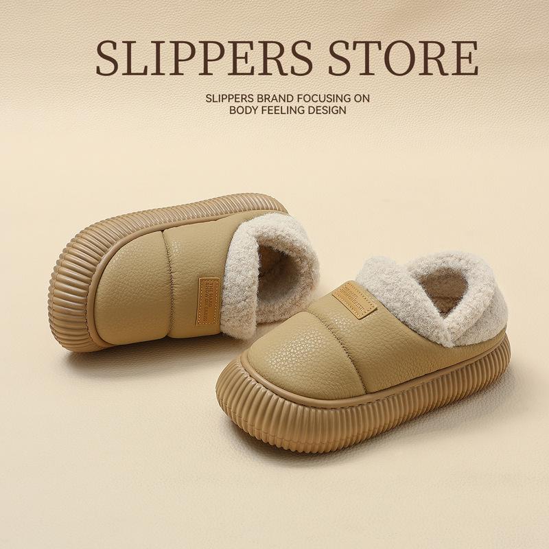 pu waterproof cotton slippers winter new bag heel indoor home non-slip soft sole outer wear cotton shoes winter