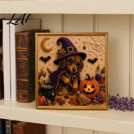 Puppy Themed Faux Pearl Painting Halloween Kit Art DIY Witch Seasonal Home Decor Projects Hat Bead Craft Kit for Adults And Teens Handmade