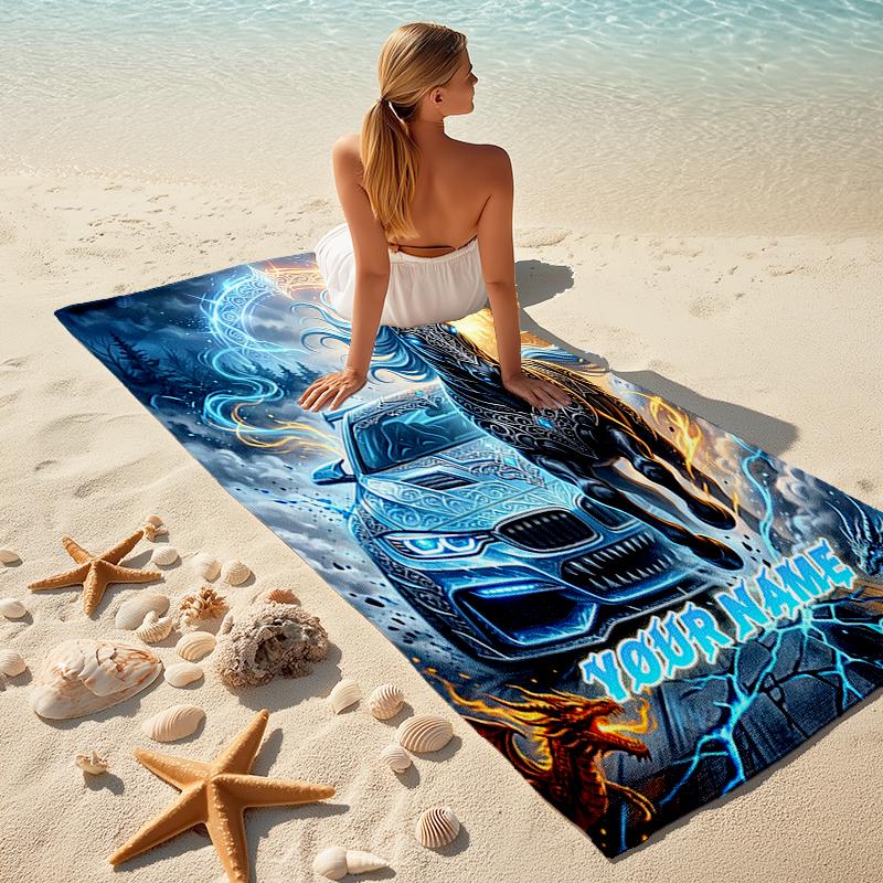 1PC Custom Name "Fantasy Horse Car Artwork" Beach Towel Highly Absorbent And Sand-Resistant Towel for Swimming, Pool, Yoga, And Travel Lightweight