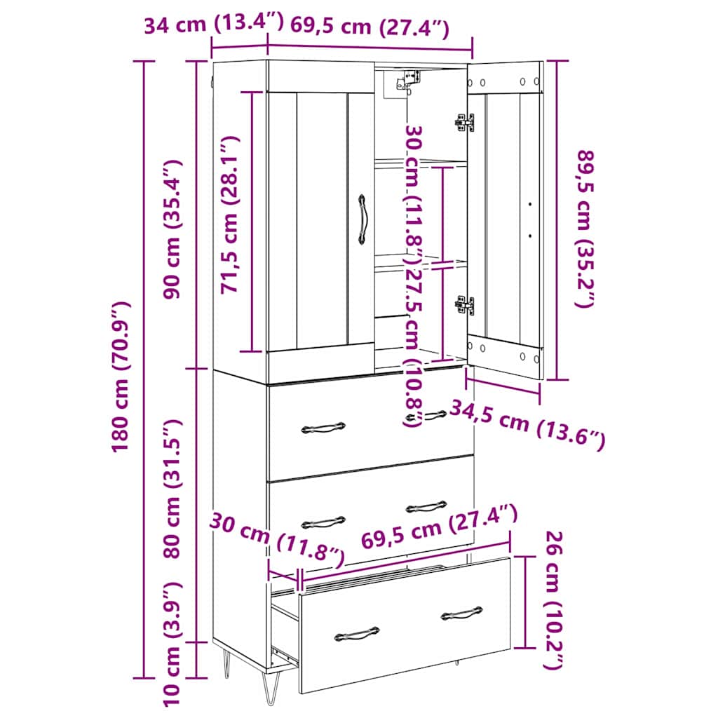 Highboard in Black Oak Look 69.5 x 34 x 180 cm Engineered Wood