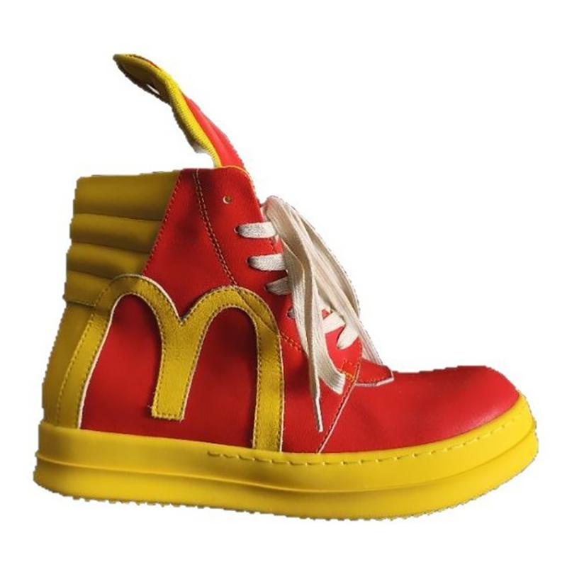 Red and Yellow Color Match Mens High Top Sneakers Shoes Flat Platform Height Increasing Big Size Trendy Fashion Cool Booties