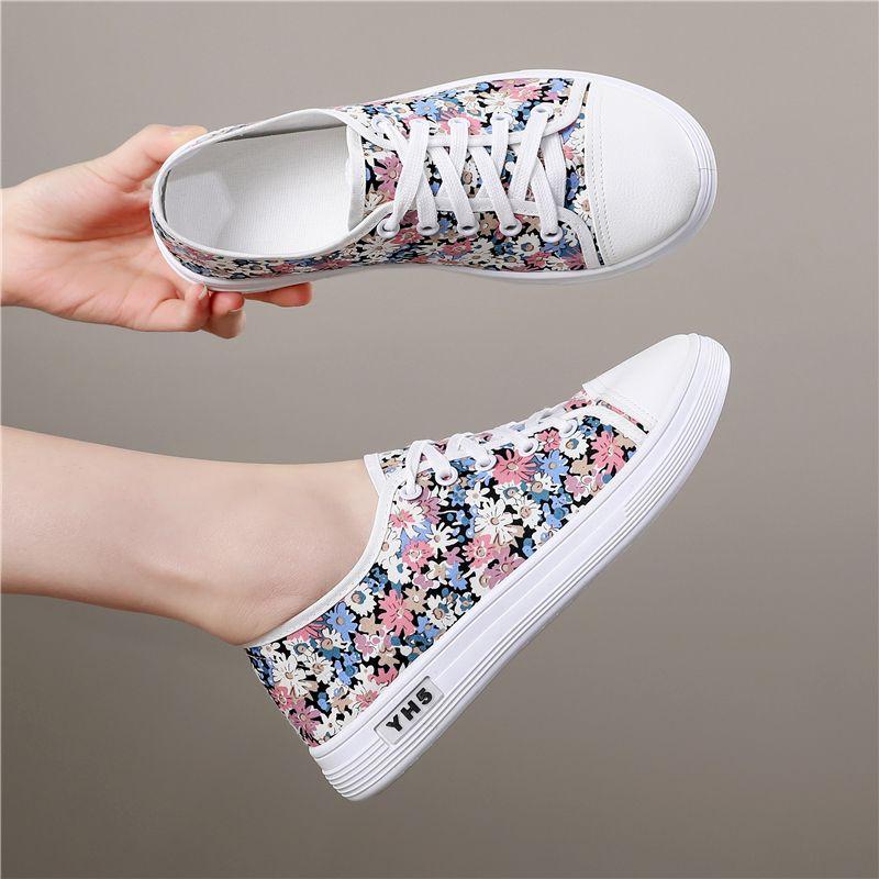 Summer Light Woman Footwear Casual Daily Routine Original Korean Vulcanized Shoe Offer 39 Lace Up Flowers Canvas Shoes for Women