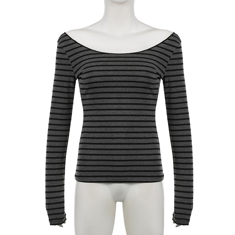 Harajuku Basic Slim Long Sleeve Stripe Tee Off Shoulder O Neck Korean Street Style Spring Autumn Y2K Women's Gray T Shirt