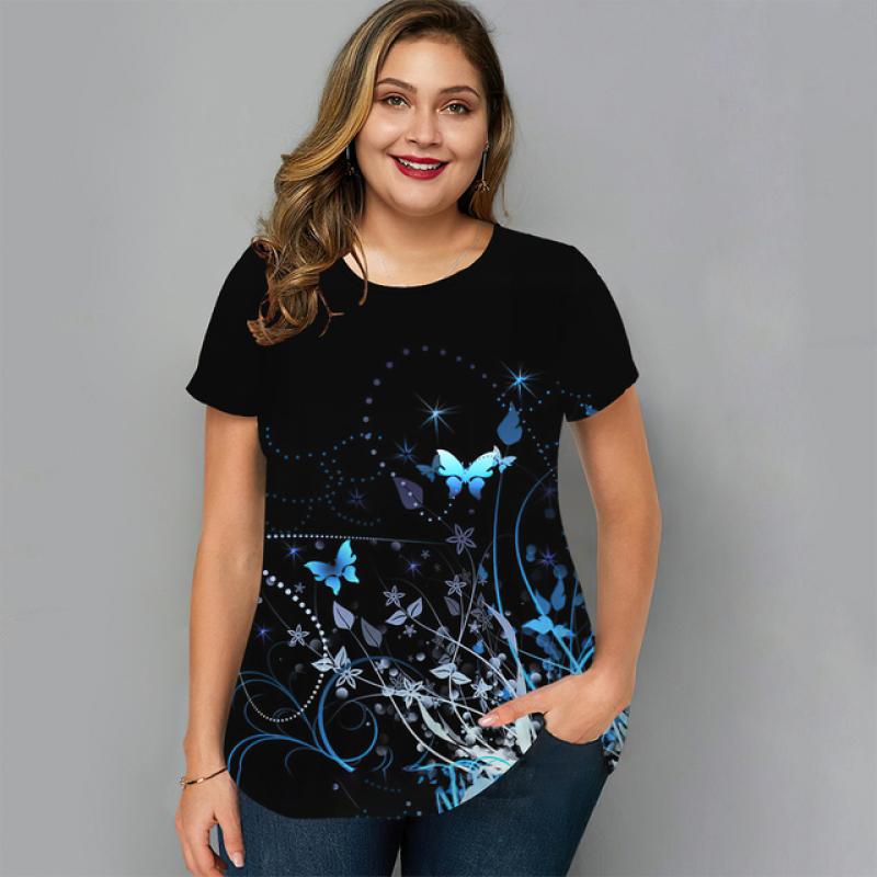 Sommer Damen T-Shirts Kurzarm Tops Floral Graphic Shirt Tees Casual Lose Bekleidung Für Frauen Oansatz Übergroße Kleidung 5xl