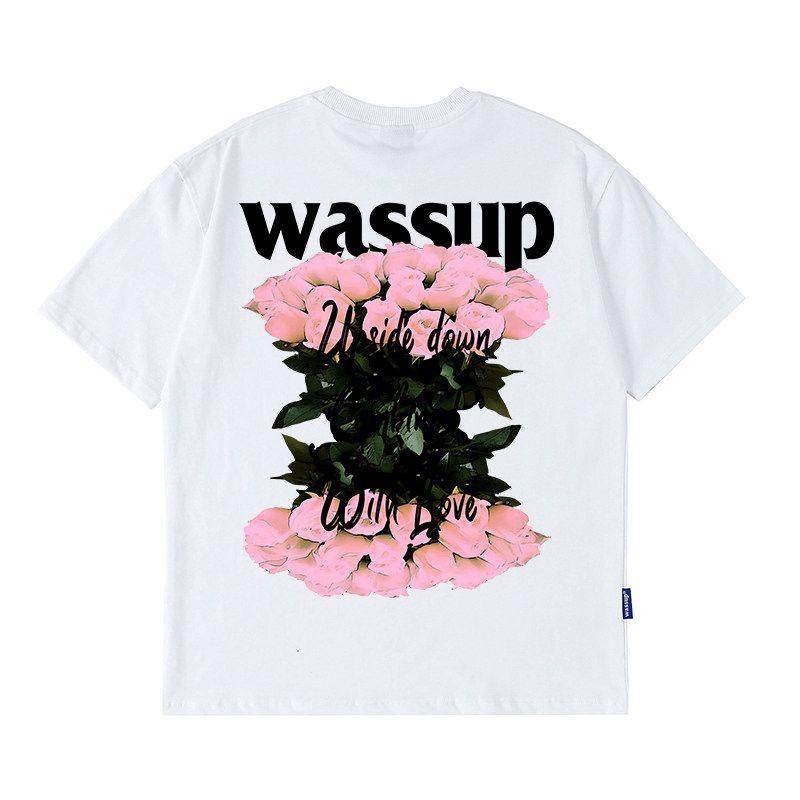 Wassup Rose Letter American Style Short-Sleeve T-Shirt for Men, Summer 24 New Heavyweight Street Couple T-Shirt Top