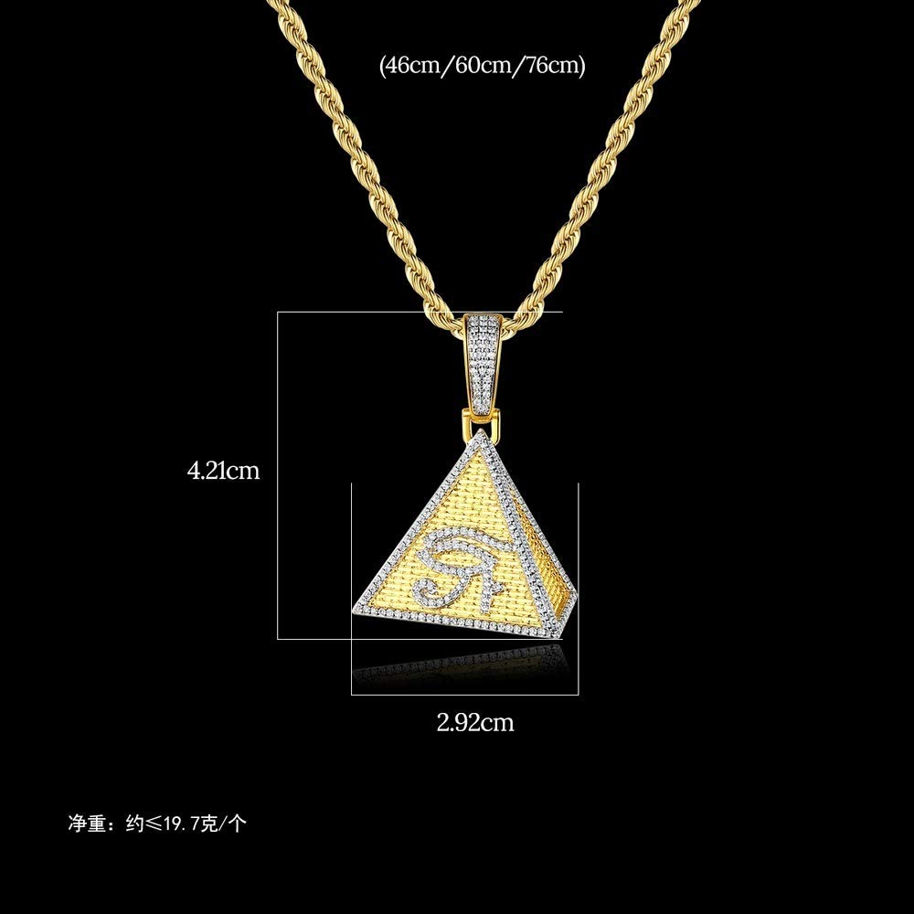 Altın 18K Altın Kaplama Zirkonya Lüks Parlak Göz Horus'un Gözü 3D Üçgen Kolye Antik Mısır Piramit Kolye Mısır Mitolojisi Havalı Hip Hop