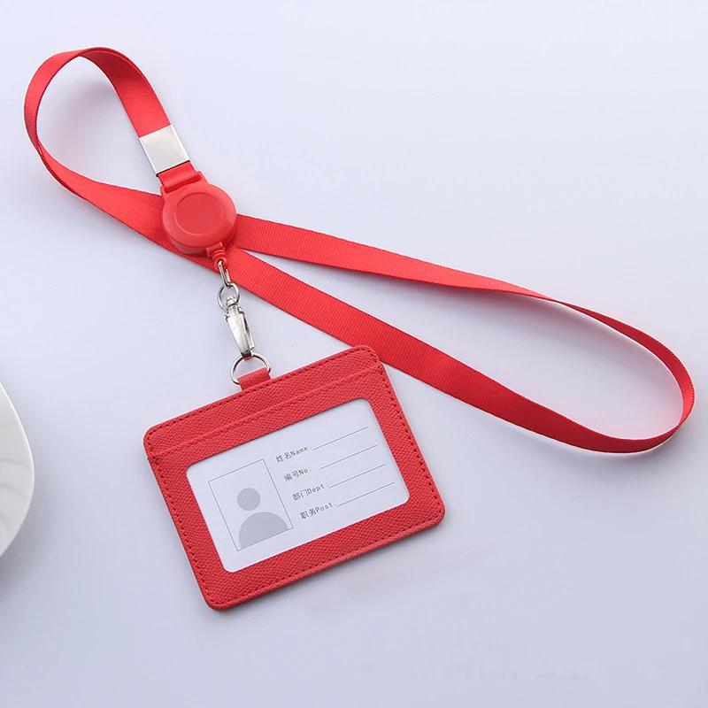 Retractable Lanyards ID Badge Holder Leather Bank Bus Pass Card Case Cover Men Women's Bank Credit Card Holder Strap Cardholder