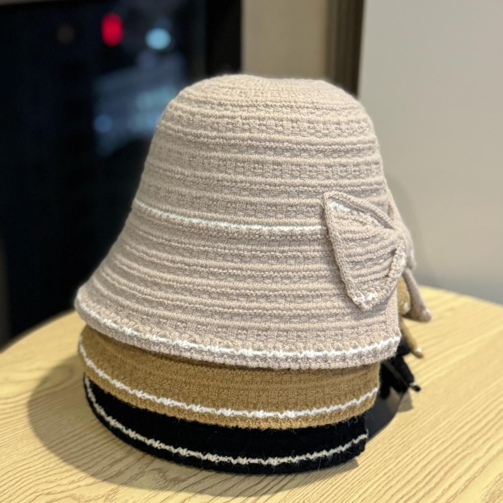 New Korean Style Knitted Bow Fisherman Hat for Women Versatile Face Showing Small Basin Hat Foldable Autumn and Winter Bucket Hat
