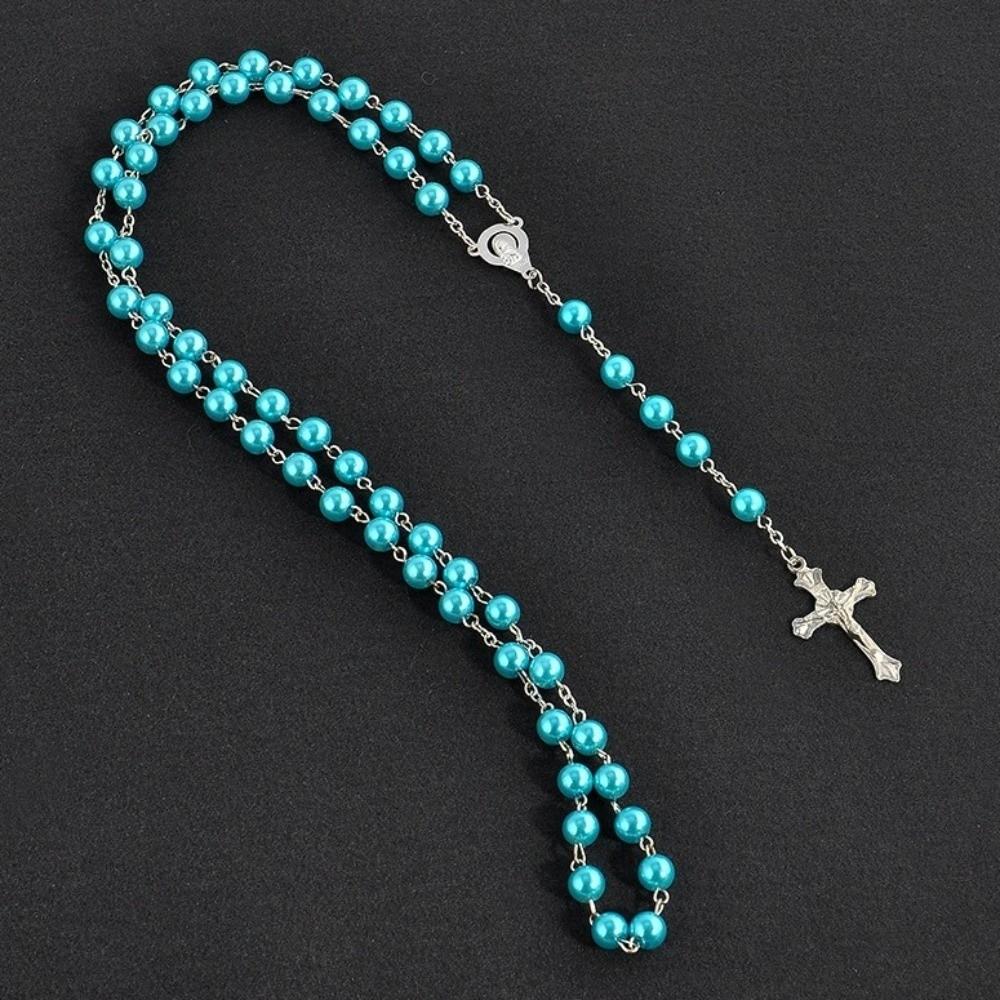 Collana con Ciondolo Rosario di Perle Finte Stile Vintage Ciondoli Religiosi Rosario Cattolico